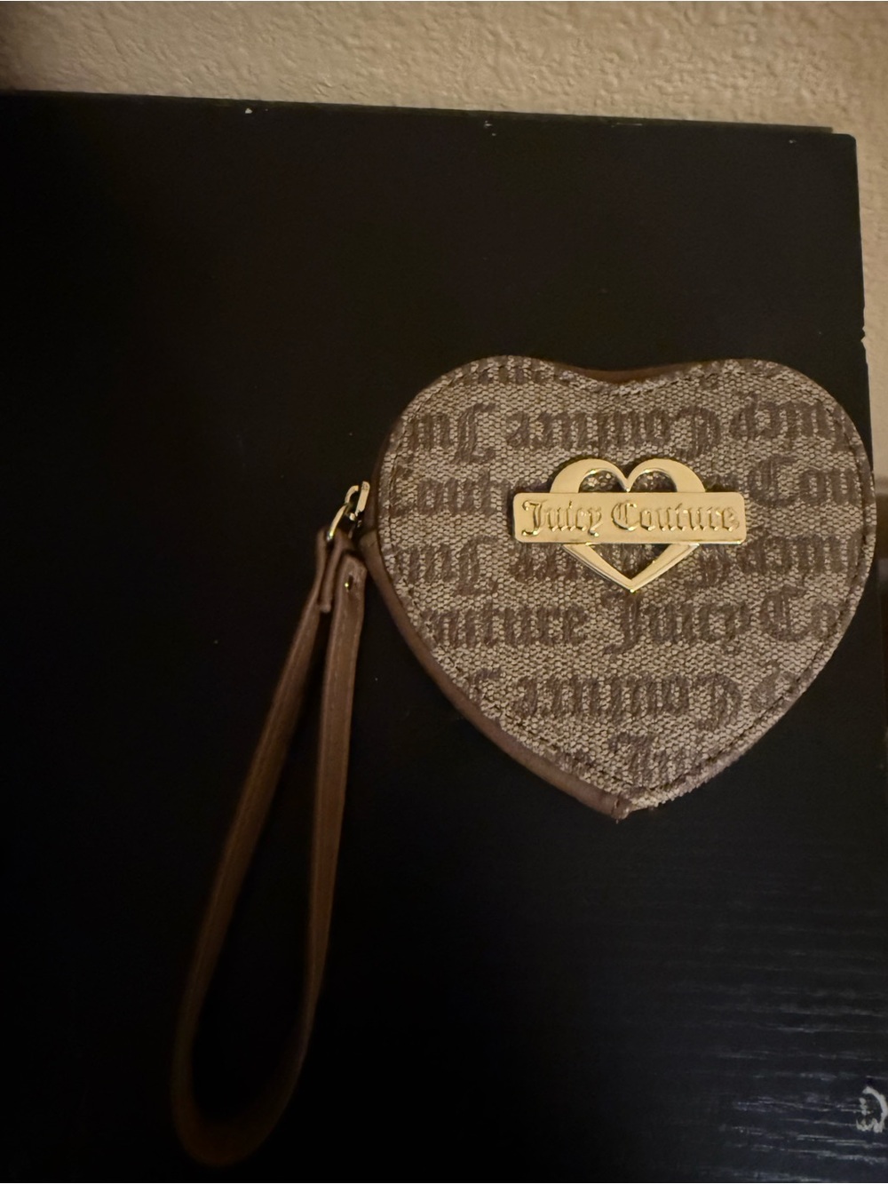 Juicy Couture Brown Heart Logo Wristlet with Gold Plaque